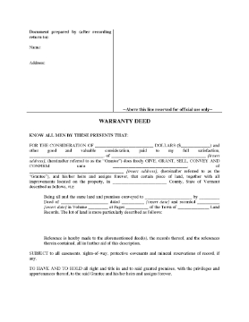 Show details for Vermont Warranty Deed Form Picture of Vermont Warranty Deed Form