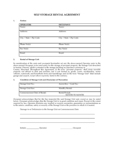 Picture of Maryland Self Storage Rental Agreement