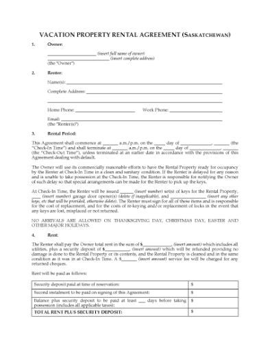 Picture of Saskatchewan Vacation Property Short-Term Rental Agreement