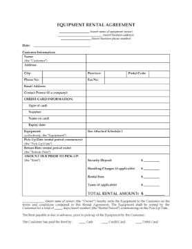 Canada Small Equipment Rental Agreement Canada Small Equipment Rental Agreement