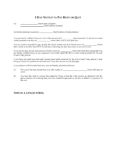 Nevada 5 Day Notice to Pay Rent or Quit (for tenancy over 45 days)