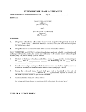 California Extension of Residential Lease California Extension of Residential Lease