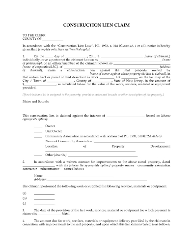 New Jersey Construction Lien Claim