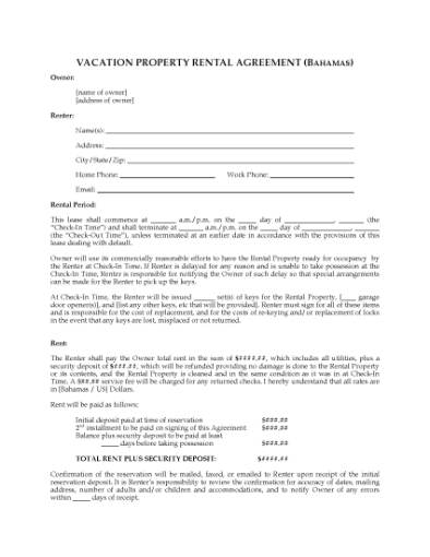 Picture of Bahamas Vacation Property Rental Agreement