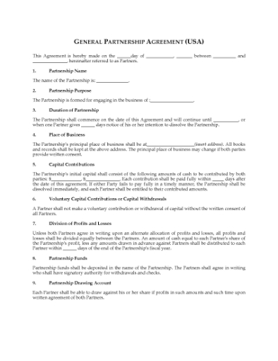 Picture of General Partnership Agreement | USA