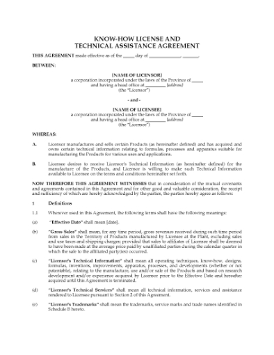Picture of Know-How License and Technical Assistance Agreement | Canada