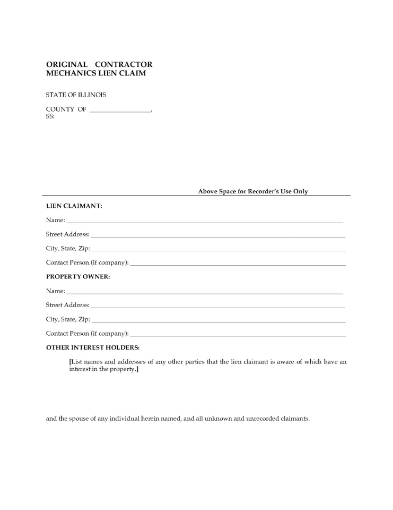 Illinois Original Contractor Mechanics Lien Claim