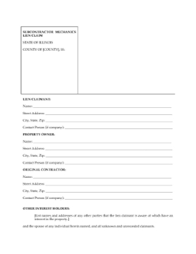 Illinois Subcontractor Mechanics Lien Claim Illinois Subcontractor Mechanics Lien Claim