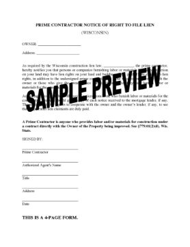 Wisconsin Prime Contractor Notice of Right to File Lien Wisconsin Prime Contractor Notice of Right to File Lien