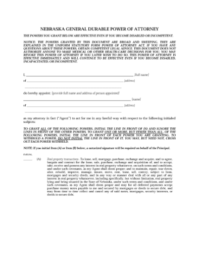 Picture of Nebraska General Durable Immediate Power of Attorney
