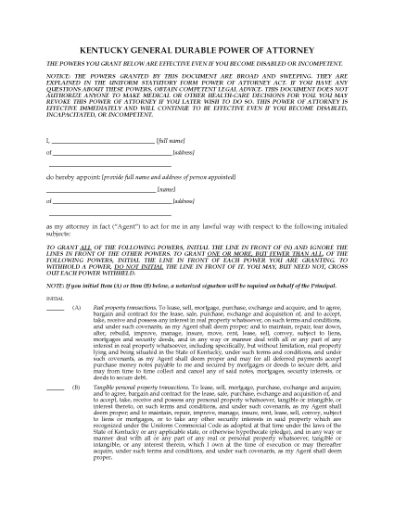 Picture of Kentucky General Durable Immediate Power of Attorney
