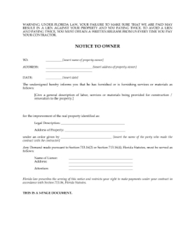 Florida Notice to Owner Florida Notice to Owner