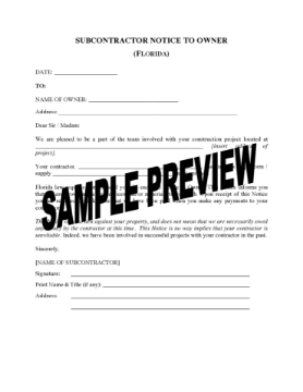 Florida Subcontractor Notice to Owner Florida Subcontractor Notice to Owner