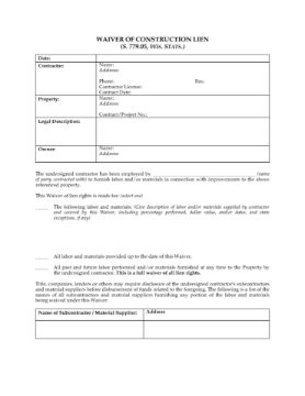 Wisconsin Waiver of Construction Lien Wisconsin Waiver of Construction Lien