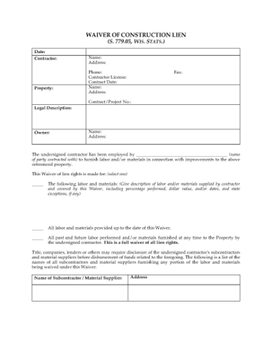 Picture of Wisconsin Waiver of Construction Lien