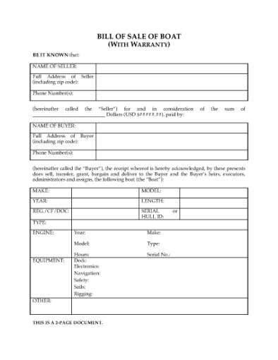 Picture of Warranty Bill of Sale for Boat or Motor | USA
