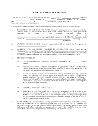 Picture of USA Construction Agreement for Residential Building Project