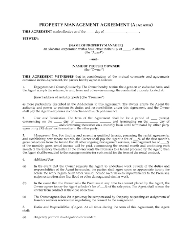 Template Rental Property Management Agreement for Alabama