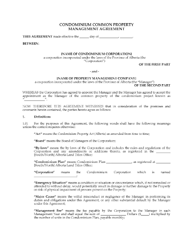 Alberta Condominium Property Management Agreement