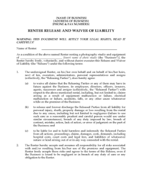 Photo Studio Rental Release and Waiver Form Photo Studio Rental Release and Waiver Form