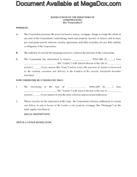 Canada Directors Resolutions to grant a mortgage Canada Directors Resolutions to grant a mortgage
