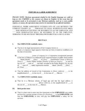 Mexico Individual Labor Agreement Mexico Individual Labor Agreement