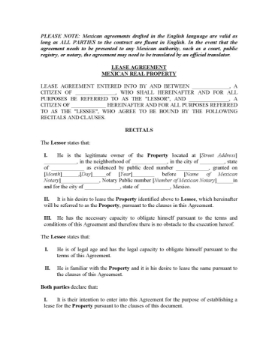 Mexico Lease Agreement for Real Property Mexico Lease Agreement for Real Property