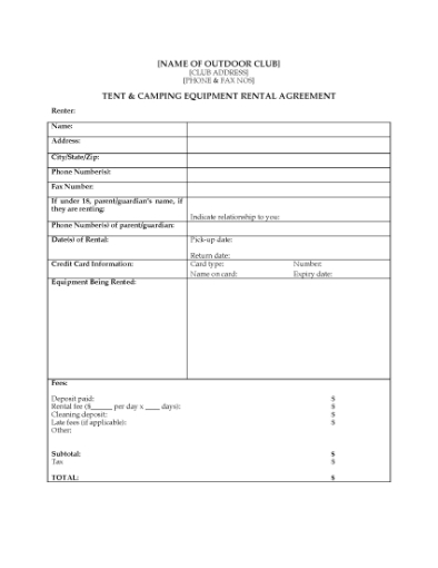 Picture of Tent and Camping Equipment Rental Agreement