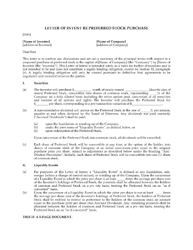 USA Letter of Intent to Purchase Preferred Stock