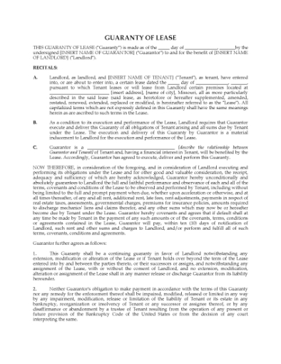 Picture of Missouri Guaranty of Commercial Lease