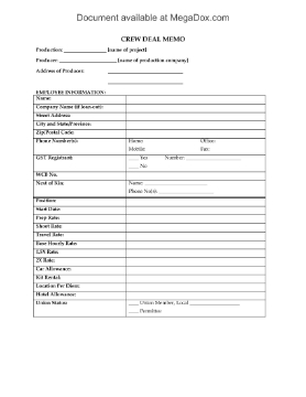 Show details for Crew Deal Memo for Movie or TV Production | Canada Picture of Crew Deal Memo for Movie or TV Production | Canada