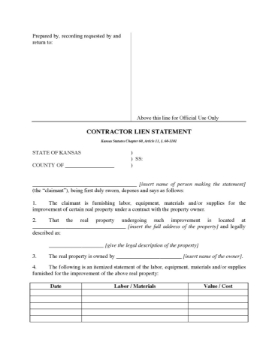 Kansas Mechanic Lien Statement Kansas Mechanic Lien Statement
