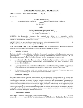 Motion Picture Investor Financing Agreement Motion Picture Investor Financing Agreement for feature film production