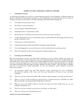 Show details for House Sitting Checklist for Pet Owners Picture of House Sitting Checklist for Pet Owners
