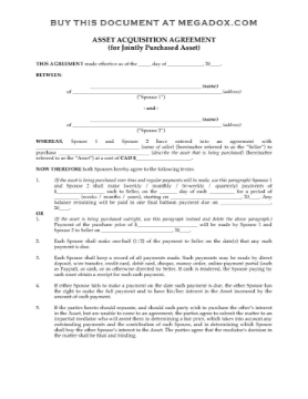 Canada Acquisition Agreement for Jointly Owned Asset Canada agreement between spouses as to disposition of jointly owned property after divorce or separation