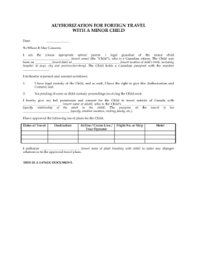Canada Parental Authorization for Foreign Travel with Minor Canada Parental Authorization for Foreign Travel with Minor
