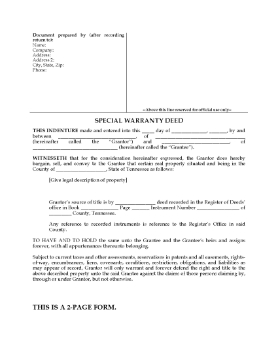 Show details for Tennessee Special Warranty Deed Picture of Tennessee Special Warranty Deed