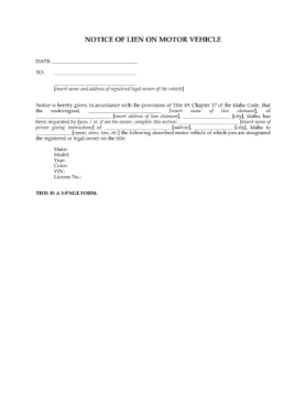 Idaho Notice of Lien on Motor Vehicle Idaho Notice of Lien on Motor Vehicle