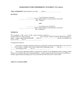 Victoria Landlord's Permission to Sublet Permission agreement between landlord and tenant to sublet residential premises in the State of Victoria
