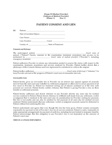 Picture of Tennessee Patient Consent and Doctor's Lien