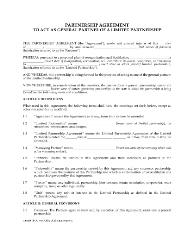 Picture of USA Partnership Agreement to Create General Partner Entity