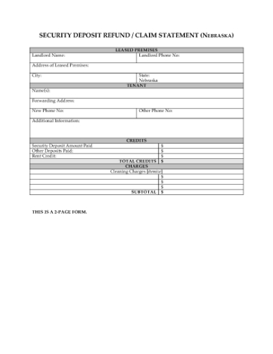 Picture of Nebraska Security Deposit Statement