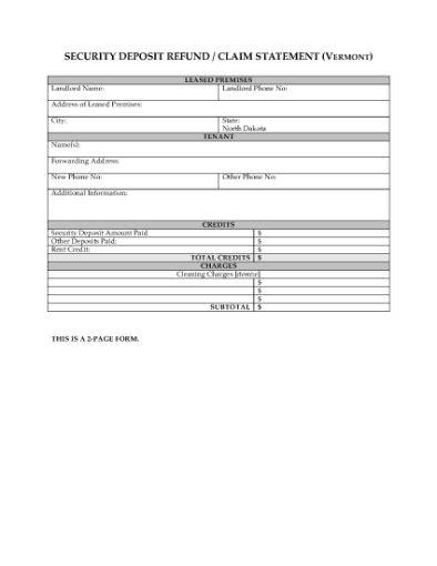 Picture of Vermont Security Deposit Statement