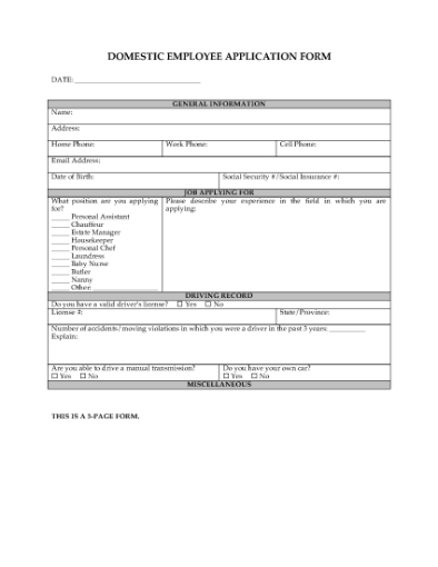 Picture of Employment Application Form for Domestic Employee