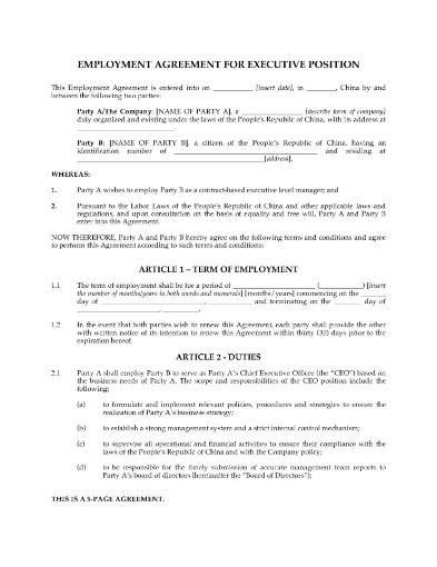 China Employment Agreement for chief executive officer position