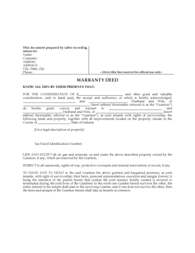 Picture of Indiana Warranty Deed for Joint Ownership