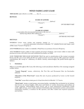Wind Farm Land Lease Template Land lease template for a wind farm