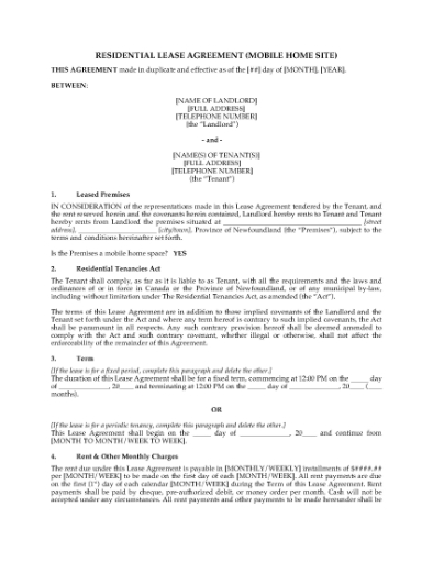 Picture of Newfoundland Lease Agreement for Mobile Home Site