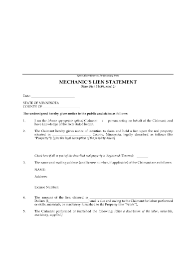 Minnesota Mechanics Lien Statement