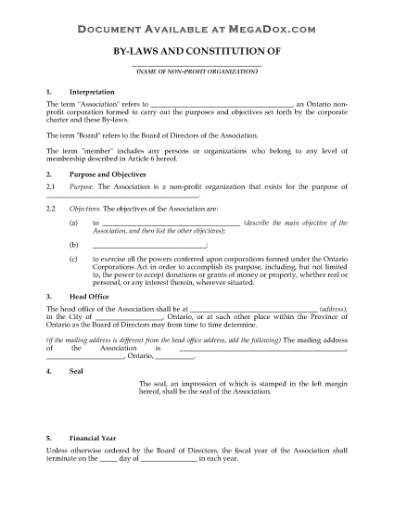 Picture of Ontario Bylaws of Non-Profit Corporation